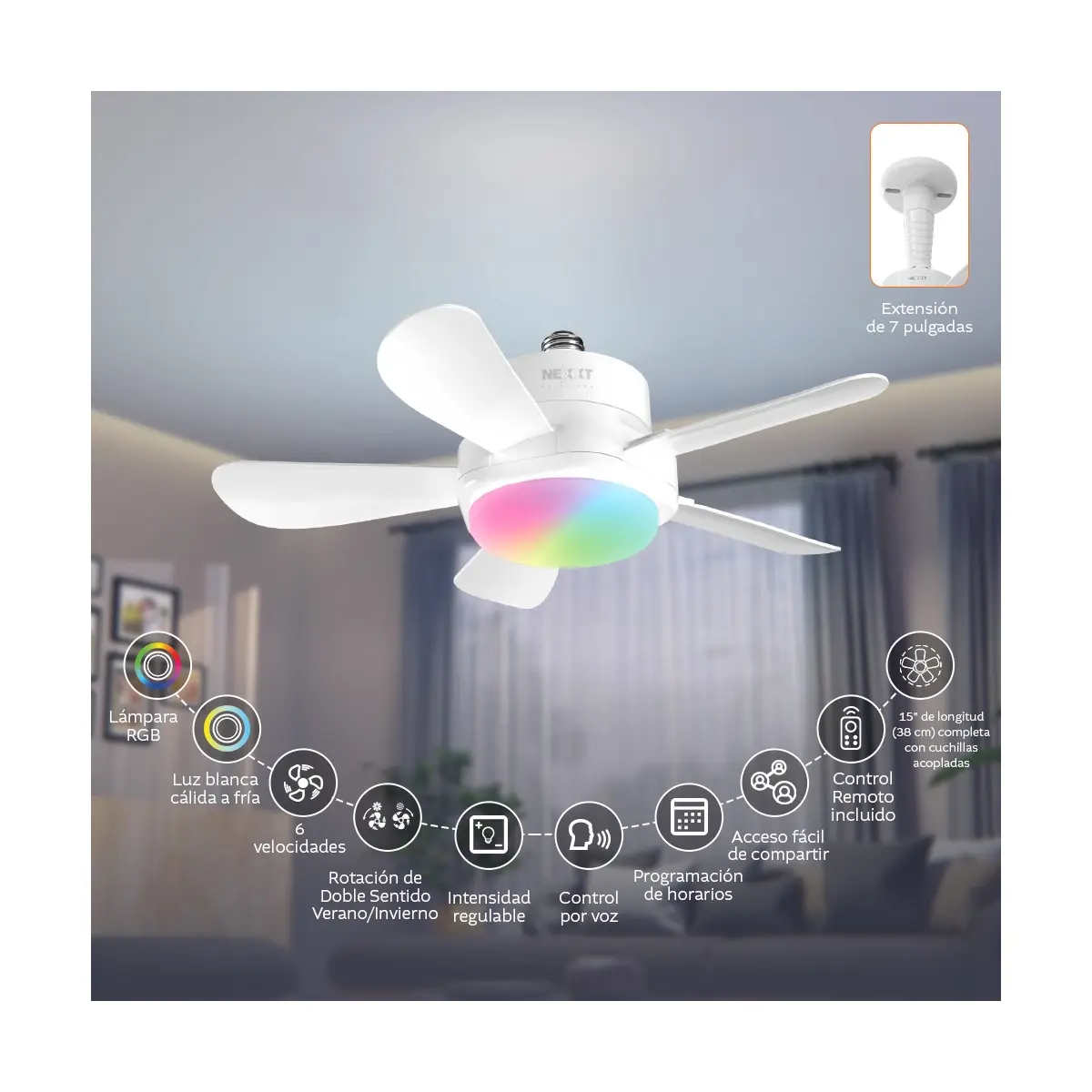 Ventilator de Techo Inteligente Nexxt/ Foco RGB/ Wi-Fi/ Blanco